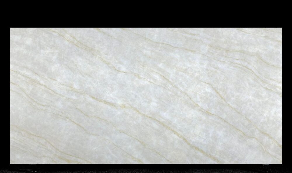 Full slab view of TD700 Taj Mahal engineered stone with warm beige base and fine golden veins, silica-free quartz alternative in Australia.