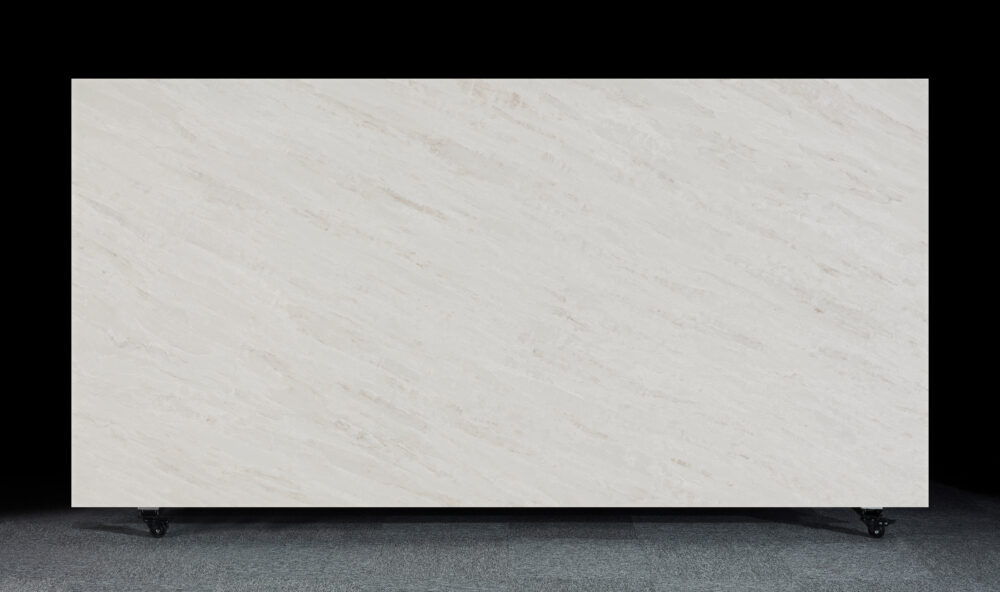 T114 Ivory Glow polished finish full slab with soft ivory tones and subtle layered movement.