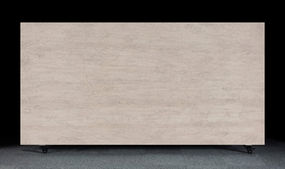 Full slab view of TD09 Travertine matte surface quartz stone, suitable for benchtops and interior design.